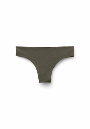 Braga tanga verde oliva hecha de tela suave, con un diseño minimalista sin costuras visibles y una cinturilla sin costuras.