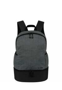 Sac à dos en tissu gris avec un compartiment spacieux, un fond noir, des bretelles ajustables et des tirettes de fermeture à glissière doubles sur le haut arrondi.