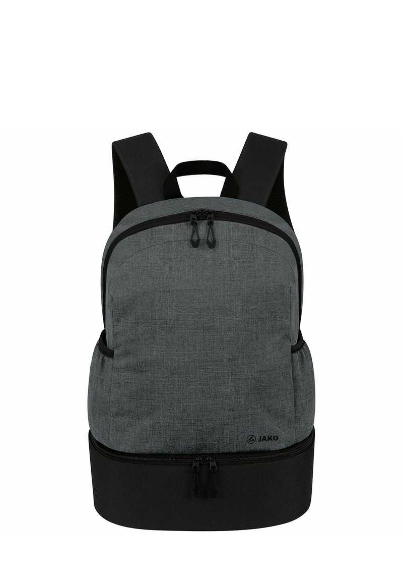 Sac à dos en tissu gris avec un compartiment spacieux, un fond noir, des bretelles ajustables et des tirettes de fermeture à glissière doubles sur le haut arrondi.