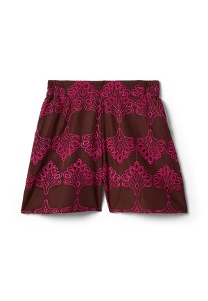 Shorts marron avec taille élastique, présentant un motif de broderie florale symétrique rose vif sur toute la surface.