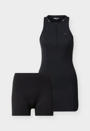 Rochie neagră fără mâneci, cu fermoar frontal și pantaloni scurți negri asortați, expuse pe un fundal alb.