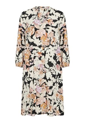 Kwiatowa sukienka w kolorze czarnym, z dekoltem w kształcie litery V i elastycznymi mankietami. Wzór zawiera duże brzoskwiniowe i różowe kwiaty na kremowym tle.