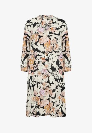 Kwiatowa sukienka w kolorze czarnym, z dekoltem w kształcie litery V i elastycznymi mankietami. Wzór zawiera duże brzoskwiniowe i różowe kwiaty na kremowym tle.