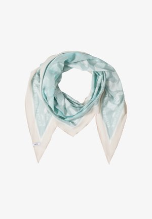 Světlomodrý a bílý trojúhelníkový šátek s abstraktním vzorem a nápisem „Užijte si okamžik“, v rohu označený nápisem „CECIL“.