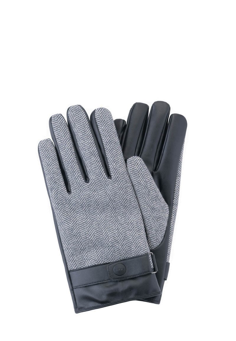 Grau karierte Handschuhe in Fischgrätmuster mit schwarzen Lederakzenten; verfügen über eine strukturierte Form und ein Handgelenkdesign mit einem Logodetail.