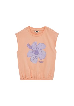 Tielko broskyňovej farby s potlačou fialovej ibišteka a nápisom „Sunshine lagoon“, s okrúhlym výstrihom a elastickým lemom.