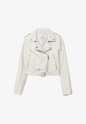 Beli skoraj beli skrajšan motociklistični jopič z zadrgami na žepih, sponkami, širokim ovratnikom, rami z epolete in nastavljivim pasom z metalno sponko.