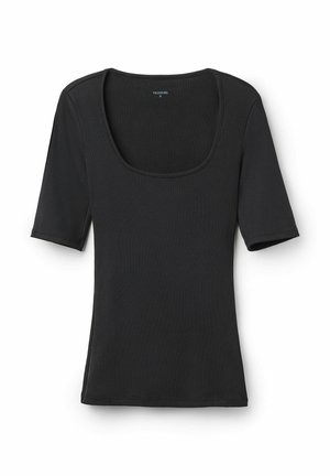 T-shirt noir à côtes avec des manches courtes et un col rond. Texture douce avec une silhouette ajustée et des coutures nettes. Logo de la marque à l'intérieur.
