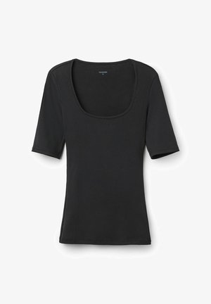 Black ribbed t-shirt with short sleeves and a round neckline. Soft texture with a fitted silhouette and clean seams. Brand logo on the inside.