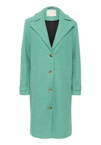 Cappotto in misto lana turchese con una finitura testurizzata. Presenta un colletto a rever, sei bottoni e maniche lunghe con polsini bottonati.