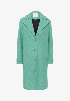 Manteau en mélange de laine turquoise avec une finition texturée. Il possède un col à revers, six boutons et des manches longues avec des poignets boutonnés.
