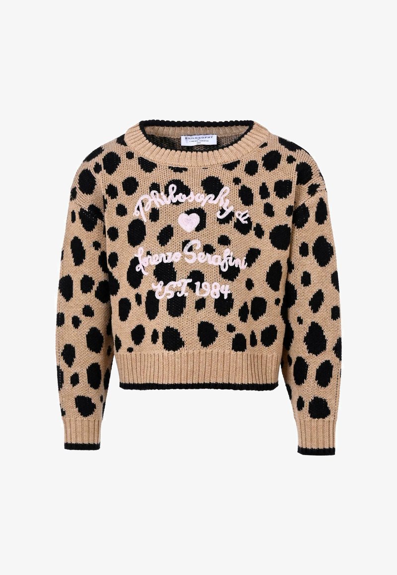 Sweter dzianinowy w kolorze beżowym z czarnymi plamkami w panterkę, z krótkim krojem, prążkowanym dołem i mankietami oraz haftowanym napisem "Filozofia i Miłość."