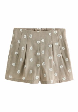Bézs magas derekú rövidnadrág fehér paisley hímzéssel, elülső hajtásokkal és rejtett cipzárral.