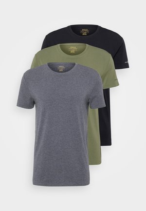 Three short-sleeve t-shirts in charcoal gray, olive green, and black. Each features a round neck and a relaxed fit, made from soft cotton.