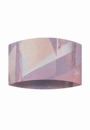 Wide fabric headband with abstract purple, pink, and beige geometric patterns and a small circular logo on the side