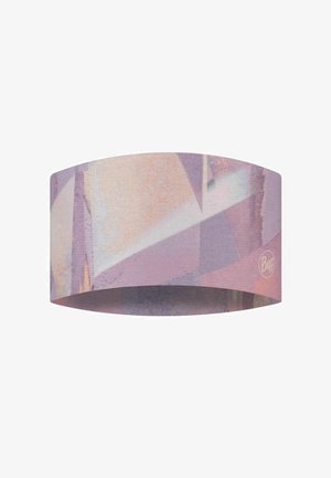 Weites Stoffstirnband mit abstrakten violetten, pinken und beigen geometrischen Mustern und einem kleinen runden Logo an der Seite