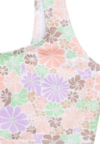 Stoff mit floralem Muster und strukturierter Oberfläche in pastellfarbenen Nuancen von Pink, Lavendel, Grün und Braun. Mit einem weißen Rand.