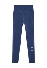 Marinblå leggings med hög midja, prydda med kontrasterande sömmar och sidofickor. På nederdelen av benet står texten "ATW" i vitt.