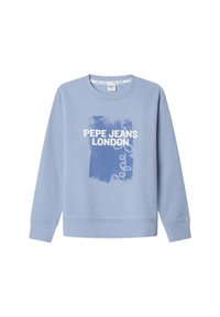 Lichtblauwe sweatshirt gemaakt van zachte stof, met een witte grafische print van "PEPE JEANS LONDON" en abstracte designelementen.