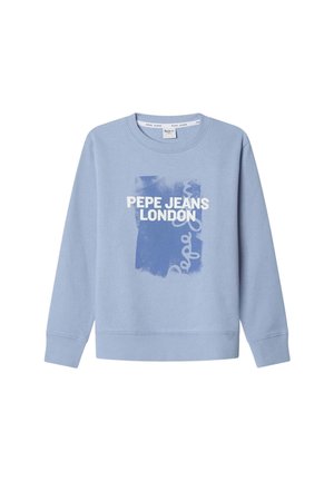 Lichtblauwe sweatshirt gemaakt van zachte stof, met een witte grafische print van "PEPE JEANS LONDON" en abstracte designelementen.