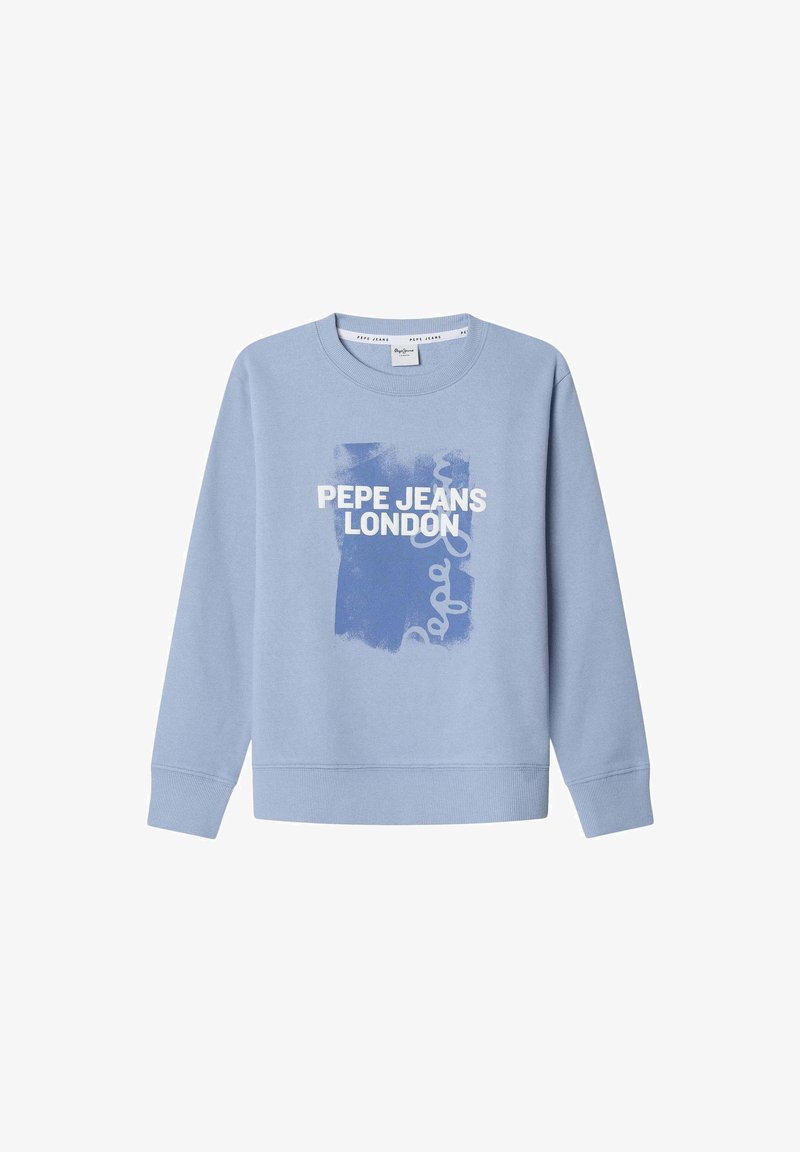 Svetlomodrý sveter vyrobený z mäkkej látky, s bielou grafickým tlačou obsahujúcou nápis "PEPE JEANS LONDON" a abstraktnými dizajnovými prvkami.