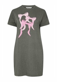 Abito grigio a t-shirt con tre grandi fiocchi a righe rosa e bianche sul davanti, realizzato in un morbido e leggero tessuto con maniche corte.