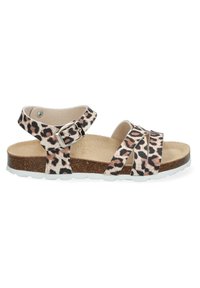 Sandal de estampado de leopardo con plantilla de corcho en tono marrón claro, correas elásticas y hebilla plateada, con suela de goma blanca y diseño de tiras cruzadas.