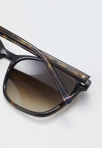 Ochelari de soare negri cu lentile de gradient maro închis. Prezintă brațe cu model țestoasă și brandul "TOMMY HILFIGER" în aur, alături de un accent albastru.