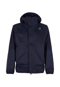Giacca impermeabile blu navy con cappuccio, zip frontale, polsini elasticizzati e due tasche frontali. Presenta un piccolo logo sul petto.
