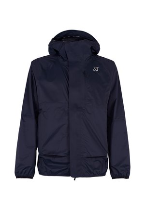 Giacca impermeabile blu navy con cappuccio, zip frontale, polsini elasticizzati e due tasche frontali. Presenta un piccolo logo sul petto.