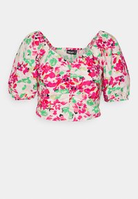 Top curto floral em tons de rosa, verde e creme. Apresenta mangas bufantes, um decote quadrado e detalhes franzidos na parte da frente.