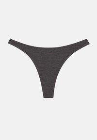 Dark gray thong underwear made of soft fabric, featuring a minimalistic design with thin straps and no visible patterns or hardware.