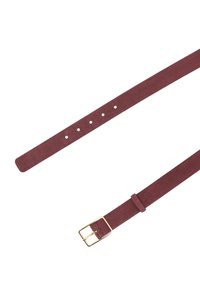 Burgundy suede belt with a smooth texture, five holes for adjustment, and a rectangular gold-tone metal buckle.