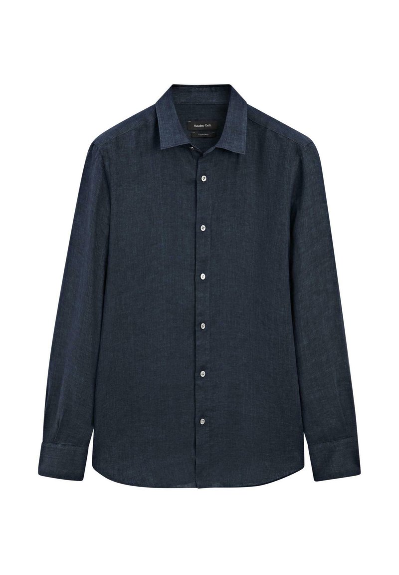 Dark blue long-sleeve button-up shirt with collar and buttoned cuffs, displayed flat against a white background.