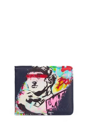 Peněženka s tmavě modrým syntetickým materiálem a živým graffiti-style potiskem sochy a abstraktních vzorů v růžové, žluté a zelené barvě.