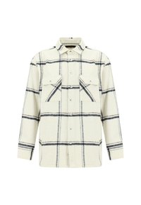 Biała i granatowa koszula w kratę, z zapięciem na guziki z przodu, dwiema kieszeniami na piersi i kołnierzykiem. Wykonana z teksturowanej tkaniny. Długie rękawy.