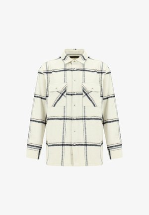 Wit en marineblauw geruite shirt, met een knopenfront, twee borstzakken en een kraag. Gemaakt van gestructureerde stof. Lange mouwen.