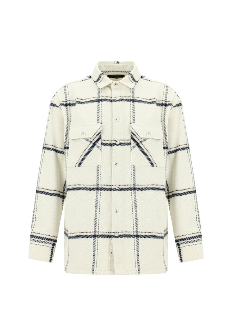 Biała i granatowa koszula w kratę, z zapięciem na guziki z przodu, dwiema kieszeniami na piersi i kołnierzykiem. Wykonana z teksturowanej tkaniny. Długie rękawy.