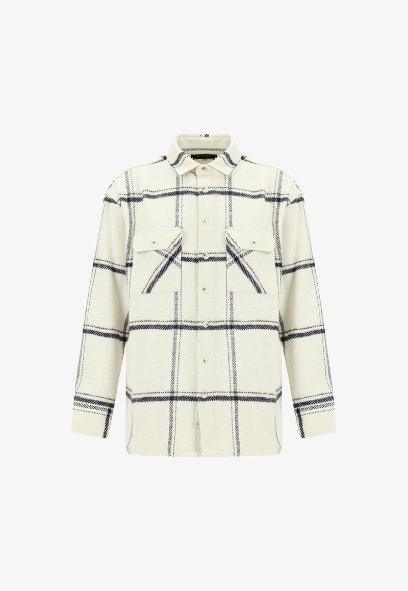 Biała i granatowa koszula w kratę, z zapięciem na guziki z przodu, dwiema kieszeniami na piersi i kołnierzykiem. Wykonana z teksturowanej tkaniny. Długie rękawy.