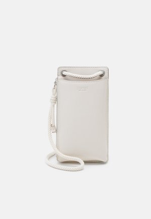 White leather crossbody pouch with braided rope strap, zipper on side, and embossed "ESPRIT DE CORPS" logo on front.