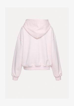 Różowa bluza z kapturem o luźnym kroju, z prążkowanymi mankietami i ściągaczem na dole. Miękka w dotyku, z okrągłym kapturem i opadającymi szwami na ramionach.