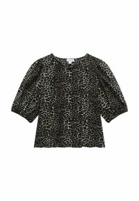 Leopardmønstret bluse i sort og beige med korte puffærmer, rund halsudskæring og blød stoftekstur. Har sammensamlede detaljer.