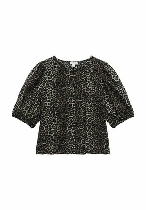 Leopardmønstret bluse i sort og beige med korte puffærmer, rund halsudskæring og blød stoftekstur. Har sammensamlede detaljer.