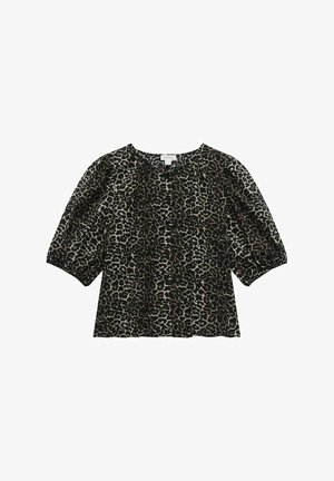 Leopardmønstret bluse i sort og beige med korte puffærmer, rund halsudskæring og blød stoftekstur. Har sammensamlede detaljer.