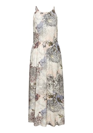 Floral maxi dress in soft pastel colors featuring adjustable spaghetti straps, an elasticized waist, and a flowing tiered skirt.