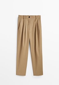 Beiga byxor med hög midja, veckad front, sidofickor och en enkel knäppning; mjukt tyg med en skräddarsydd passform.