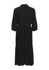 Robe noire longueur genoux avec une jupe froncée, manches bouffantes trois-quarts, tissu texturé et détail en forme de clé dans le dos.