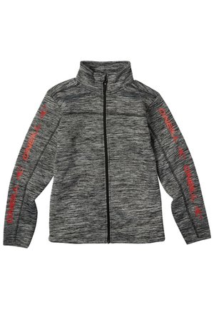 Grå lynlåsjakke med tekstureret overflade. Har rød "O'Neill"-branding på venstre ærme og en høj krave.