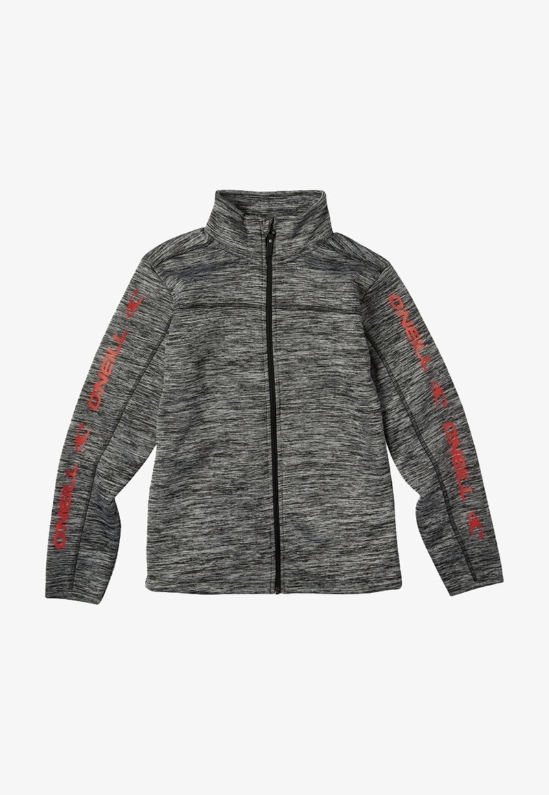 Veste grise à fermeture éclair avec une finition texturée. Dispose d'un logo rouge "O'Neill" sur le bras gauche et d'un col montant.