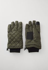 Mănuși verzi matlasate cu un design căptușit, având accente negre și manșete tricotate cu model în bucle. Închidere ajustabilă la încheieturi.